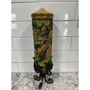Vintage Pillar Candle With Iron‎ Metal Holder Birds Leaves Great Christmas Gift